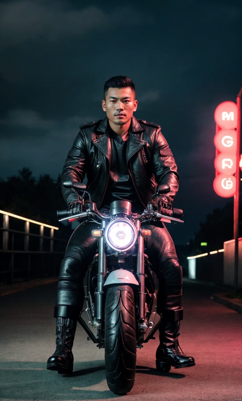  1man,asian,exquisite facial features,handsome,male focus,leather_jacket,(black knee_boots),gloves,armband,muscular,full body,(riding motorcycle),moving,looking forward,neon lighting,at night,masterpiece, realistic, highres,raw photo,8K HD,best quality, highly detailed,full shot,outdoors, jzns