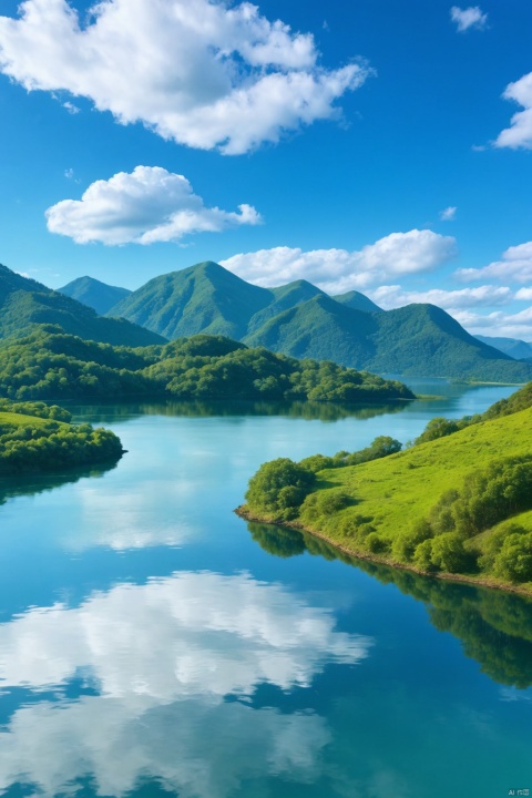 1man,Blue sky, green mountains and green water, white clouds, animation