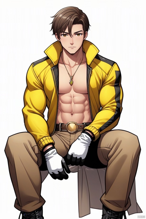  male focus, 1boy, solo, muscular, pectorals, muscular male, jacket, pants, yellow jacket, abs, necklace, sitting, belt, white background, open clothes, bara, short hair, gloves, boots, jewelry, open jacket, brown hair, looking at viewer