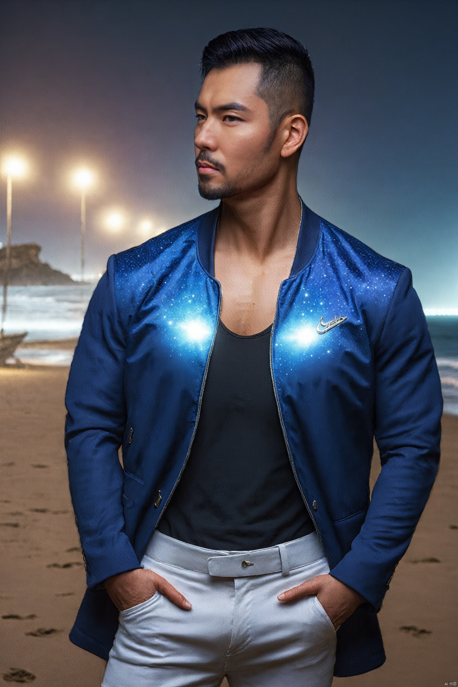 1man,Asian,solo,male focus,exquisite facial features,handsome,charming,muscular,jacket,arm crossed,outdoors,starry sky,meteor shower,on the beach,dark,(masterpiece,realistic,best quality,highly detailed,highres,colorful,cyberpunk),jzns,brxu, , dnaball