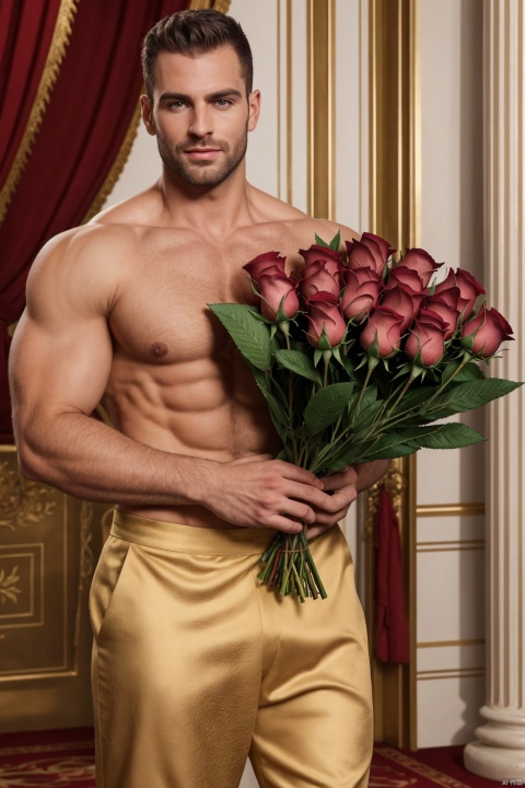  masterpiece,divine titan,1 Man,Look at me,In a lavish palace,Holding a bouquet of roses in his hand,textured skin,super detail,best quality,8k, ahai, 