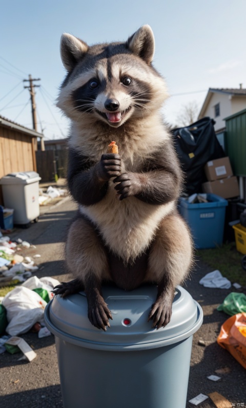 Closeup, thumb-up, a cute fluffy raccoon in the middle of a hoarder's front garden full of garbage and food scraps, the raccoon in the middle of the garbage is happy and laughs into the camera, thumb up pose,
very detailed, hd, RAW photograph, masterpiece, top quality, best quality, official art,highest detailed, atmospheric lighting, cinematic composition, complex multiple subjects, 4k HDR, vibrant, highly detailed, Leica Q2 with Summilux 35mm f/1.2 ASPH, Ultra High Resolution, wallpaper, 8K, Rich texture details, hyper detailed, detailed eyes, detailed background, dramatic angle, epic composition, high quality , (8k, RAW photo, highest quality), hyperrealistic,