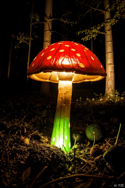 colorful glowing mushrooms made of ral-ktchzpong in a dark forest at night, 4k, highly detailed, uhd, masterpiece