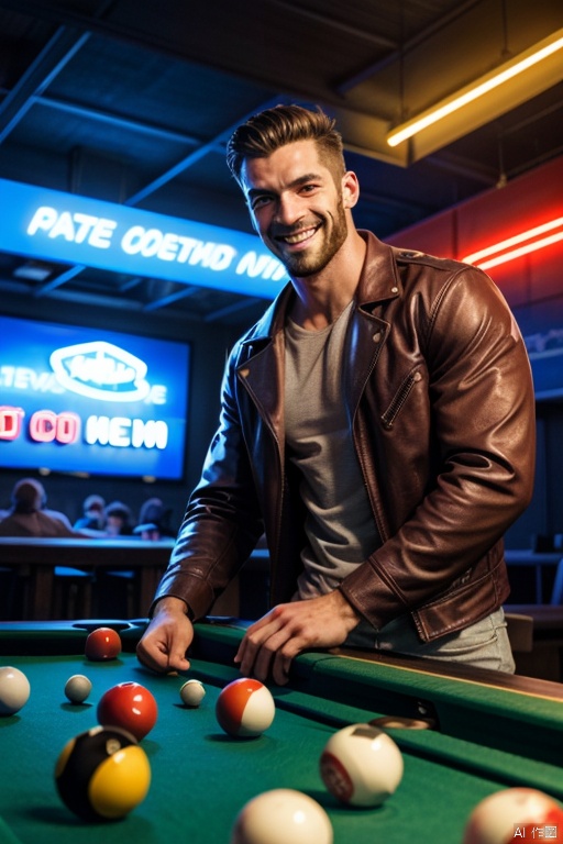  A photo of Hellboy in a vibrant night club wearing leather jacket, playing pool. (heavy rock hand:1.1).
(neon lights:1.2), blurry, pastel colors, smiling, pool balls
 best quality, masterpiece,