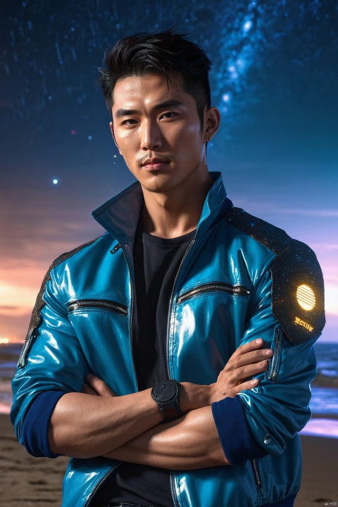  1man,Asian,solo,male focus,exquisite facial features,handsome,charming,muscular,jacket,arm crossed,outdoors,starry sky,meteor shower,on the beach,dark,(masterpiece,realistic,best quality,highly detailed,highres,colorful,cyberpunk),jzns,brxu, 