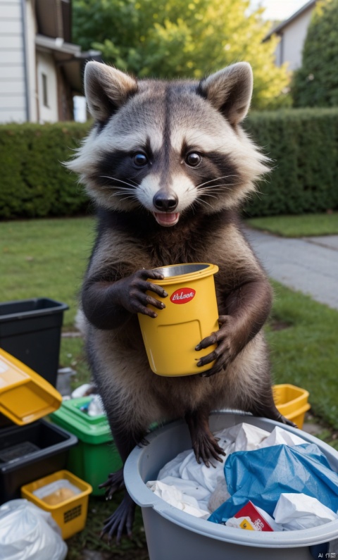 Closeup, thumb-up, a cute fluffy raccoon in the middle of a hoarder's front garden full of garbage and food scraps, the raccoon in the middle of the garbage is happy and laughs into the camera, thumb up pose,
very detailed, hd, RAW photograph, masterpiece, top quality, best quality, official art,highest detailed, atmospheric lighting, cinematic composition, complex multiple subjects, 4k HDR, vibrant, highly detailed, Leica Q2 with Summilux 35mm f/1.2 ASPH, Ultra High Resolution, wallpaper, 8K, Rich texture details, hyper detailed, detailed eyes, detailed background, dramatic angle, epic composition, high quality , (8k, RAW photo, highest quality), hyperrealistic,