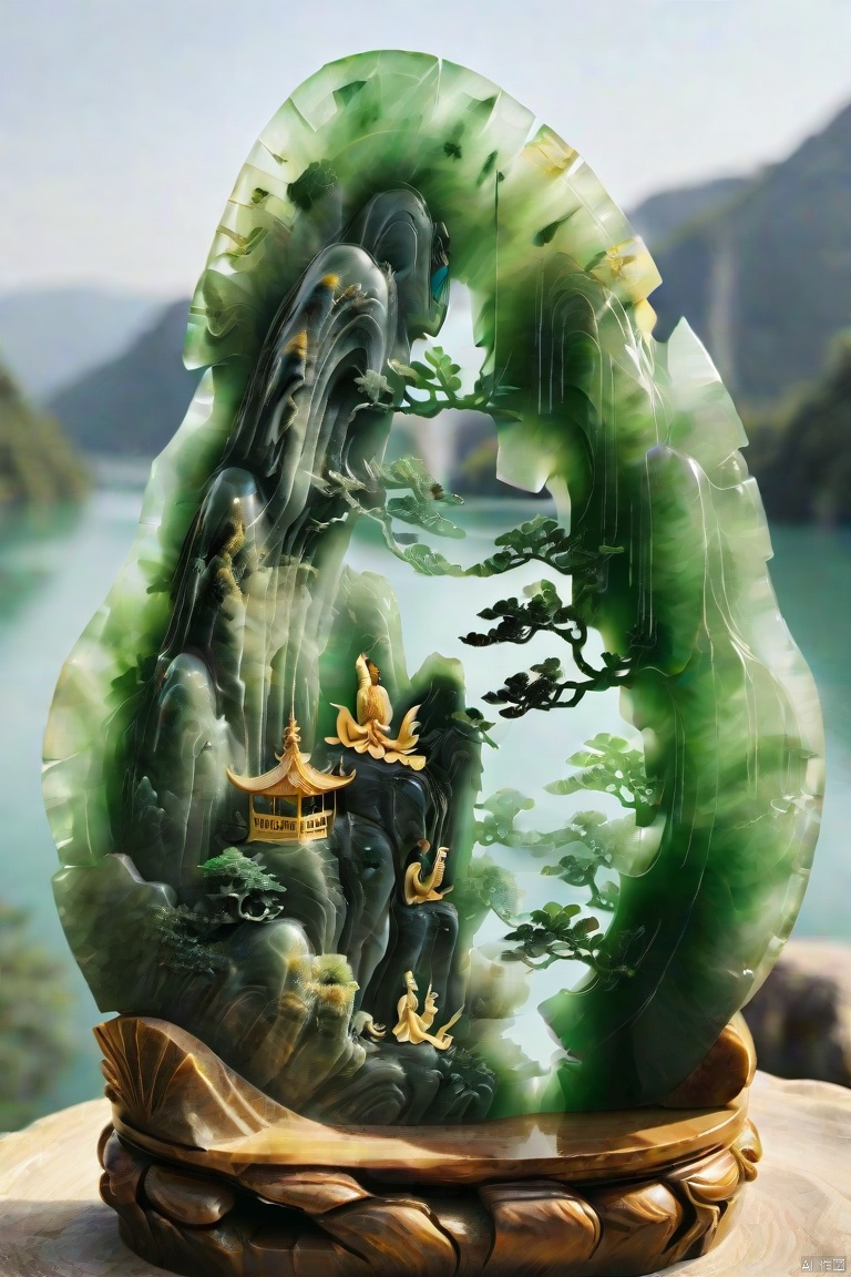  (masterpiece, top quality, best quality, official art, beautiful and aesthetic:1.2),man,made of jade,golden carving,model,very beautiful, aesthetic,crystal, surface polished natural gloss, very transparent and beautiful, emerald material