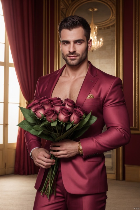  masterpiece,divine titan,1 Man,Look at me,In a lavish palace,Holding a bouquet of roses in his hand,textured skin,super detail,best quality,8k, ahai, 
