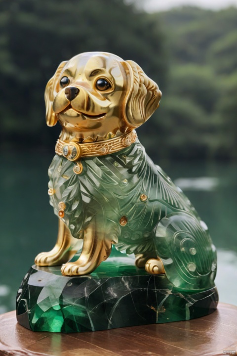  (masterpiece, top quality, best quality, official art, beautiful and aesthetic:1.2),dog,golden carving, very transparent and beautiful, emerald material