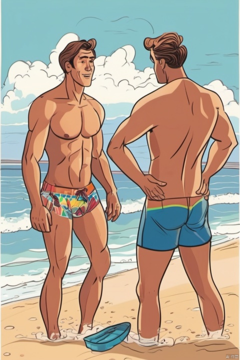 2man is on the sea beach.they are topless.1man underwear,standing.1man,swim trunks,sitting.