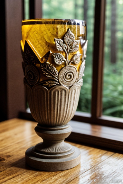 Photo of artistic stone cup with 3D carvings, little mause theme with forest background, decorated with amber accents, masterpiece of art, visually stunning, intricate details, sharp focus, 55mm f/ 1.8 lens, depth of field, natural daylight