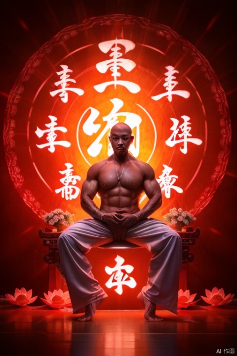  Best quality, 8k,cg,monk doing yoga, sitting on a lotus flower, dressed in white and light red Hanbok, Chinese Kung Fu, Chinese style, standing in front of many glowing text backgrounds, with various Chinese runes flashing in formation,  (nude:1.3), 