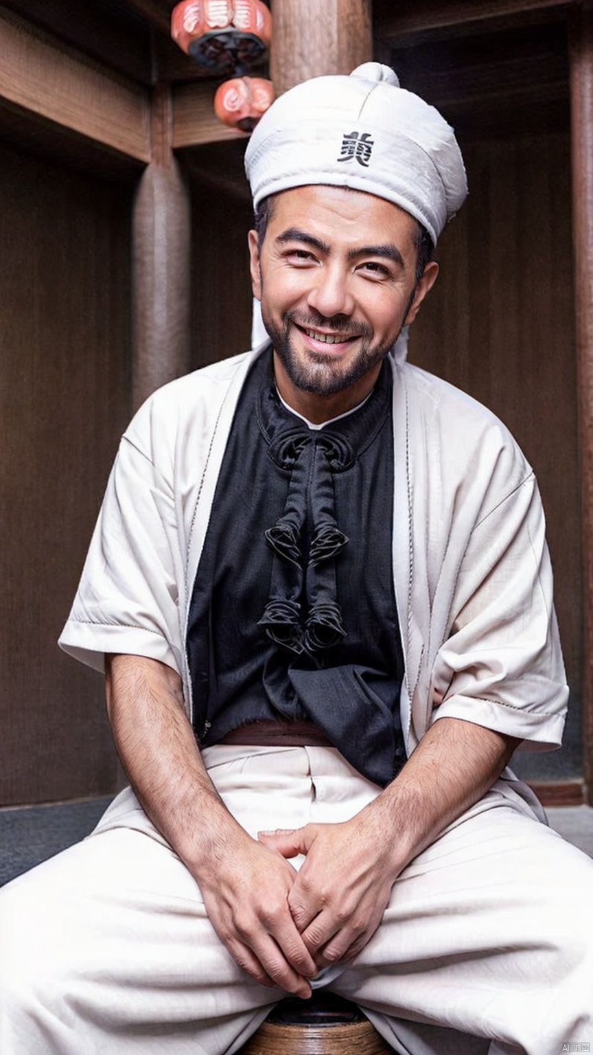  A 90 year old Chinese Taoist with a square face, straight white eyebrows, white beard, and white hair. Wearing a Chinese style dark colored Taoist robe, neatly dressed, wearing a Chinese Taoist hat on the head, hands crossed in front of the chest, sitting cross legged, smiling, and closed. In the Taoist temple, the portrait is colorful, with a black background and Disney style