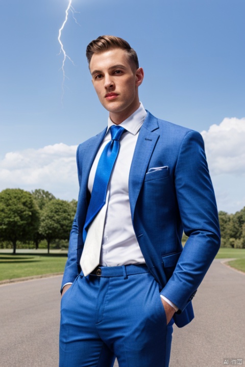  solo, looking at viewer, short hair, shirt, black hair, 1boy, jacket, white shirt, male focus, outdoors, necktie, sky, pants, sunny, blue jacket, bllue pants, formal, sunny sky, suit, blue necktie, hands in pockets, lightning, blue suit, shaneball