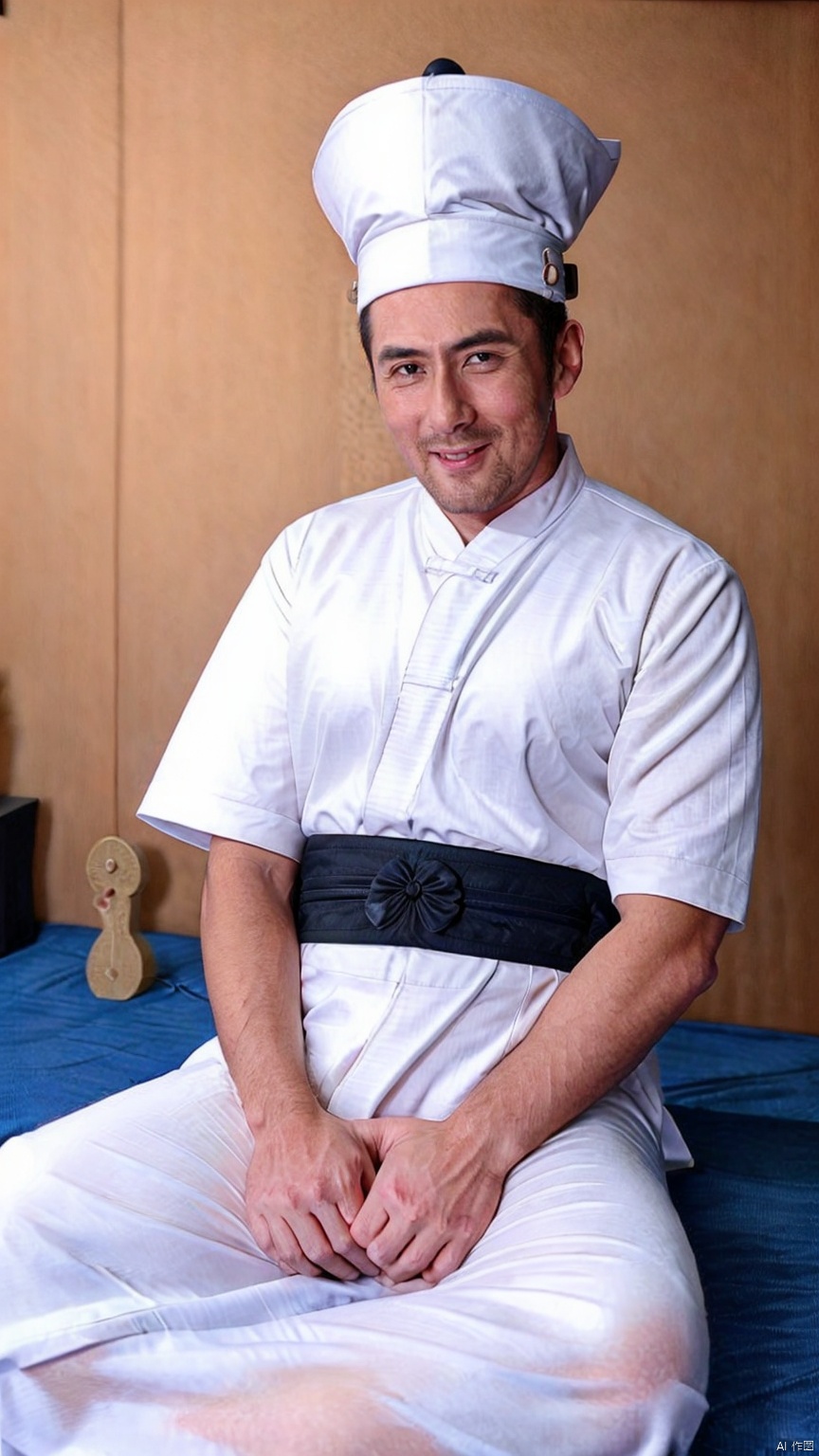  A 90 year old Chinese Taoist with a square face, straight white eyebrows, white beard, and white hair. Wearing a Chinese style dark colored Taoist robe, neatly dressed, wearing a Chinese Taoist hat on the head, hands crossed in front of the chest, sitting cross legged, smiling, and closed. In the Taoist temple, the portrait is colorful, with a black background and Disney style, marcoball