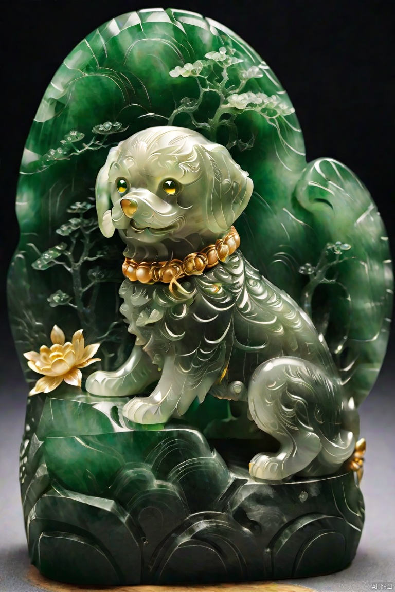  (masterpiece, top quality, best quality, official art, beautiful and aesthetic:1.2),dog,made of jade,golden carving,model,very beautiful, aesthetic,crystal, surface polished natural gloss, very transparent and beautiful, emerald material