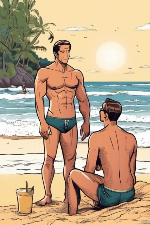 2man is on the sea beach.they are topless.1man underwear,standing.1man,swim trunks,sitting.
