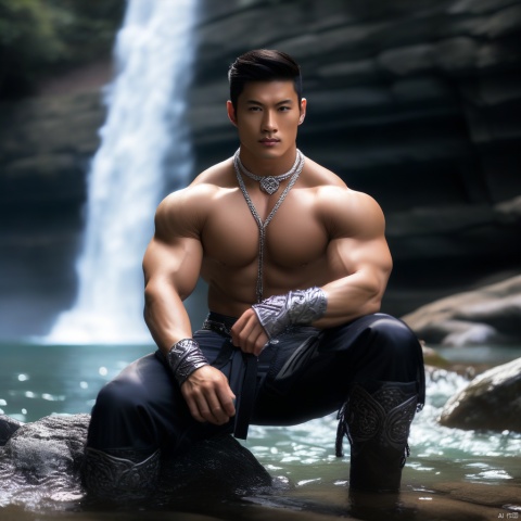  1man,asian,exquisite facial features,charming eyes,handsome,male focus,(in horse-face skirt),abdominal muscle,muscle,pectorales,kneeling,waterfall background,(cross silver necklace),full body,Natural light,Grey Film filter,(Canon RF 85mm f/1.2),Dynamic angle,(masterpiece, realistic, Realism, best quality, highly detailed, 8K Ultra HD, sharp focus, profession), 