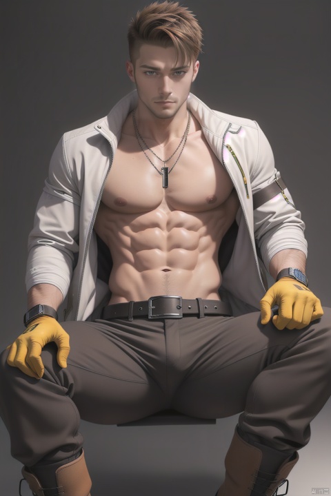  male focus, 1boy, solo, muscular, pectorals, muscular male, jacket, pants, yellow jacket, abs, necklace, sitting, belt, white background, open clothes, bara, short hair, gloves, boots, jewelry, open jacket, brown hair, looking at viewer