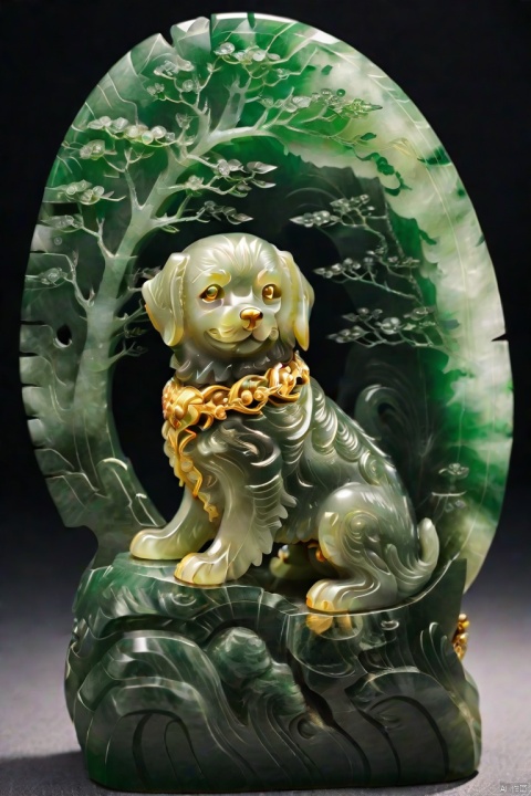  (masterpiece, top quality, best quality, official art, beautiful and aesthetic:1.2),dog,made of jade,golden carving,model,very beautiful, aesthetic,crystal, surface polished natural gloss, very transparent and beautiful, emerald material