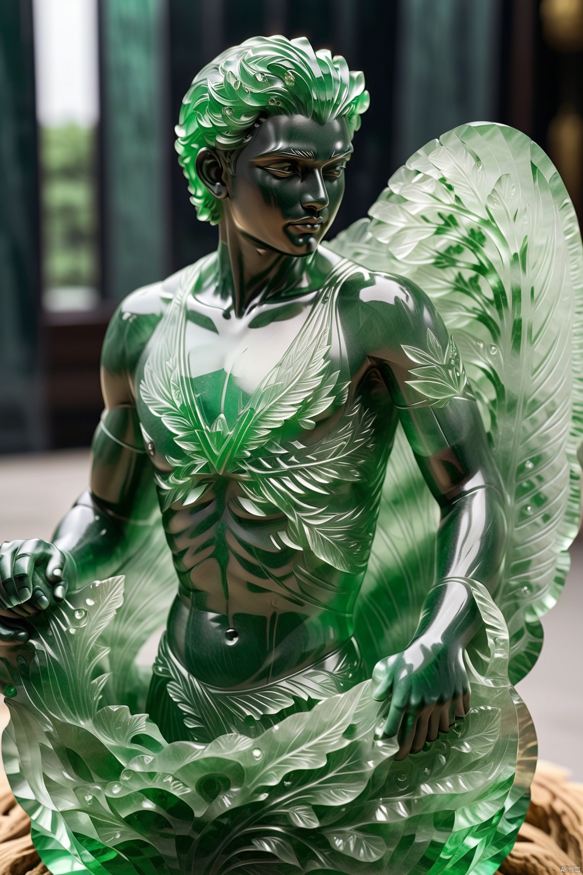  1man,male focus,no_clothes, carving, very transparent and beautiful, emerald material,
