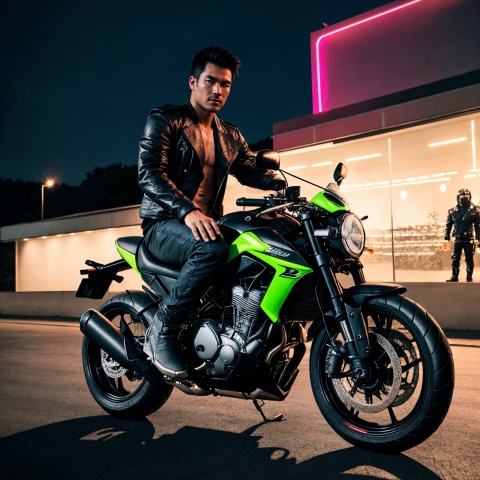  1man,asian,exquisite facial features,male focus,leather_jacket,(black knee_boots),gloves,armband,muscular,full body,(riding motorcycle),moving,looking forward,neon lighting,at night,masterpiece, realistic, highres,raw photo,8K HD,best quality, highly detailed,outdoors, 