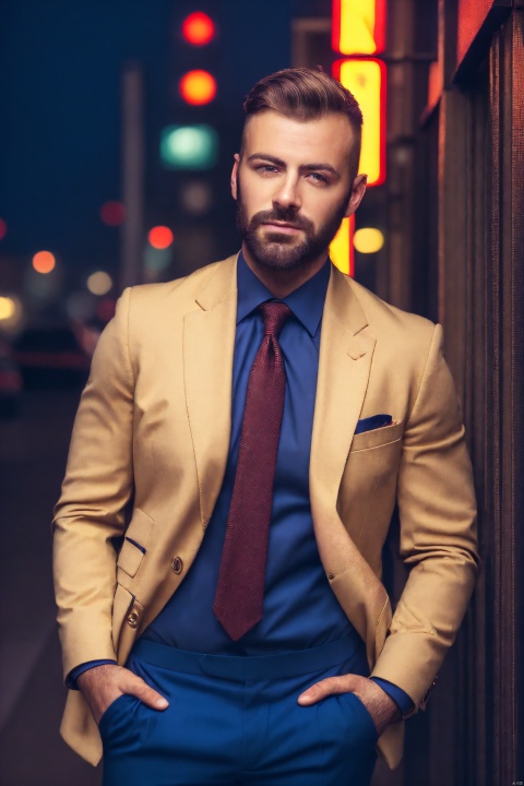  1man,fashion model,male focus,(masterpiece, realistic, best quality, highly detailed,profession),exquisite facial features,handsome,deep eyes,pectorales,Business fashion,in city,night lighting,neon, shaneball