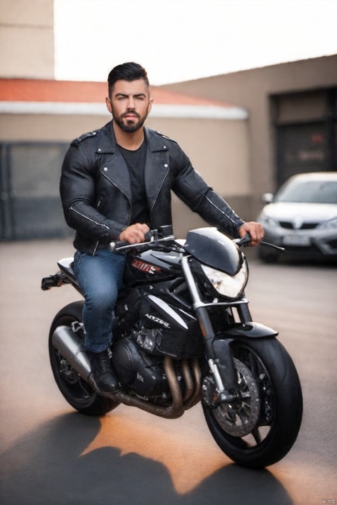  pecs,abs,20 year old man,black hair,black open latex jacket in the wind,hyper-muscular,riding supersport motorcycle,motorcycle parking street,neck tattoo,neck chain, dnaball