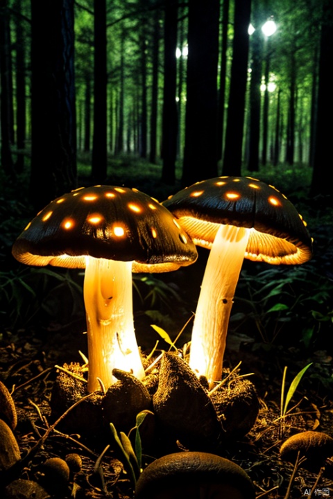 colorful glowing mushrooms made of ral-ktchzpong in a dark forest at night, 4k, highly detailed, uhd, masterpiece