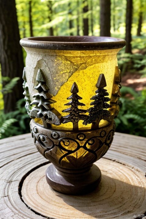 Photo of artistic stone cup with 3D carvings, little mause theme with forest background, decorated with amber accents, masterpiece of art, visually stunning, intricate details, sharp focus, 55mm f/ 1.8 lens, depth of field, natural daylight
