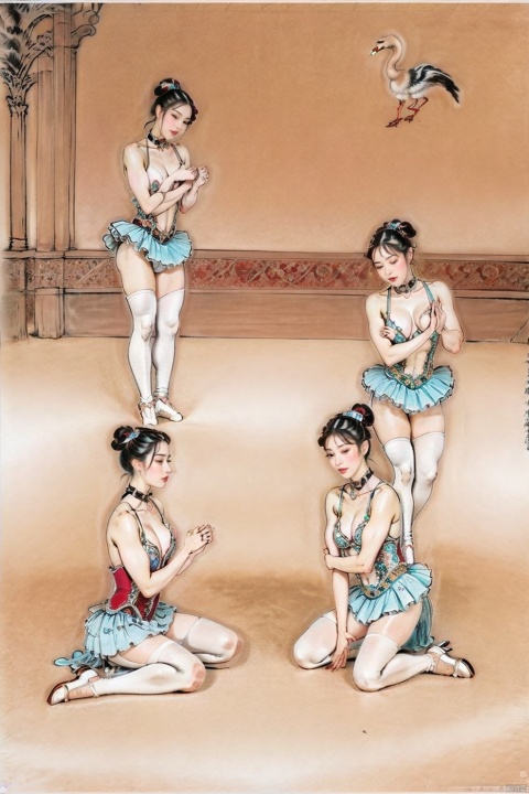 A naked muscular girl, white knee-high stockings, swan lake dance, curly hair bun, charming eyes, red face, naked breasts, naked lower body, camel's hoof,pussy,High leg lifts, ballet shoes,Collar, dog chain, kneeling on the ground, landing on all fours.