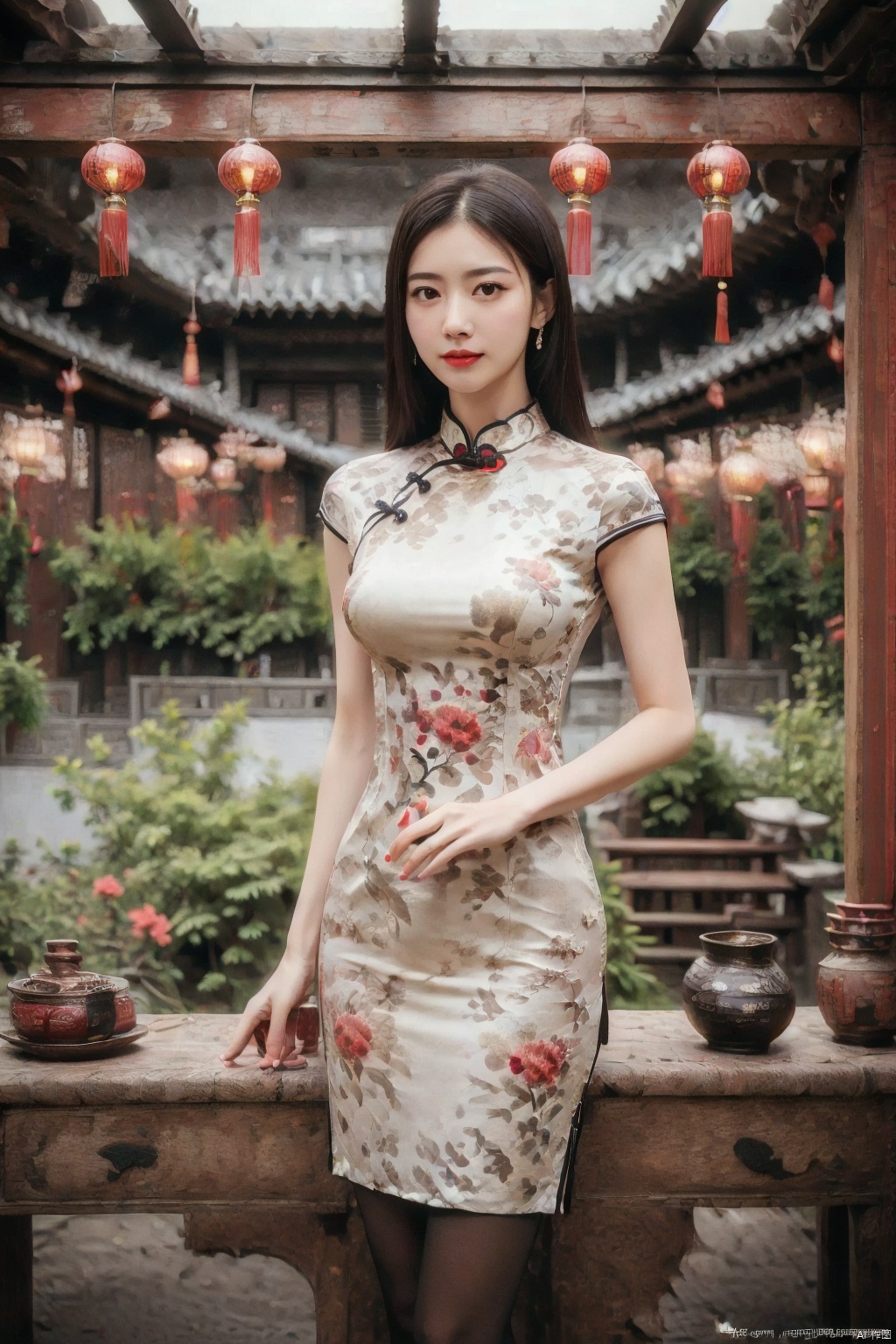 (global illumination, reality,ray tracing, HDR, unreal rendering, reasonable design, high detail, masterpiece,best quality, ultra high definition, movie lighting),
1girl,outdoor,looking_at_viewer,side_blunt_bangs,china_dress,chinese_style,big breasts,pose,solo,1girl,black hair,black eyes,cheongsam.spring festival, pantyhose