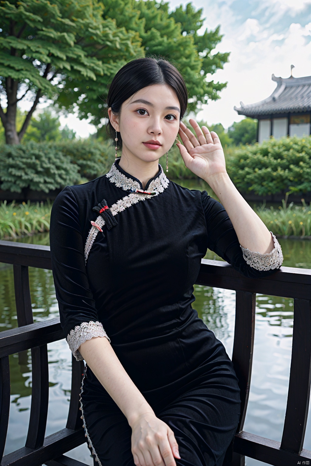 (global illumination, reality,ray tracing, HDR, unreal rendering, reasonable design, high detail, masterpiece,best quality, ultra high definition, movie lighting),
1girl,outdoor,looking_at_viewer,side_blunt_bangs,china_dress,chinese_style,big breasts,pose,solo,1girl,black hair,black eyes, , black qipao
