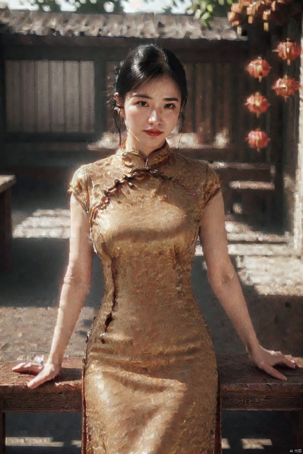 (global illumination, reality,ray tracing, HDR, unreal rendering, reasonable design, high detail, masterpiece,best quality, ultra high definition, movie lighting),
1girl,outdoor,looking_at_viewer,side_blunt_bangs,china_dress,chinese_style,big breasts,pose,solo,1girl,black hair,black eyes,cheongsam