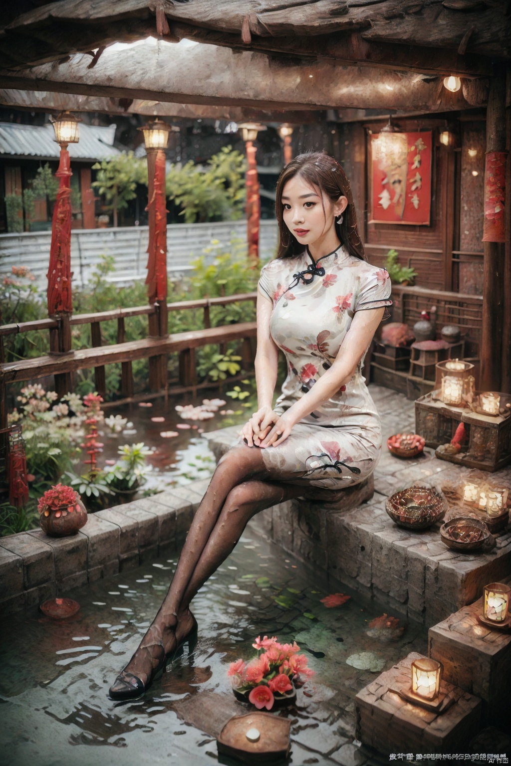 1girl, (best quality, masterpiece, ultra-high resolution, 4K, HDR, UHD, 64K, official art), (photorealistic:1.3, realistic:1.3),depth of field, outdoors, (night:1.3), (dim light), (onsen:1.2, flower arrangement:1.2),floating hair, long hair, dark brown hair, (full body:1.3), arms at sides, seductive pose, (wedge heels), (sitting:1.3), (large breasts), (solo_focus:1.2), looking_at_viewer,(fit and petite body, busty), (curvy:1.2), (under the water), (wet hair, wet shirt), (sitting in water:1.5),
cheongsam.spring festival, pantyhose, sitting