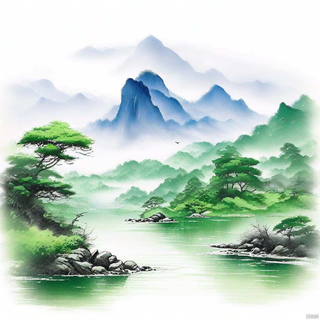 中国山水画,笔墨画,一座高耸入云的山峰,山脚下有一条清澈的小| image created by 空铃画师| Tensor.Art