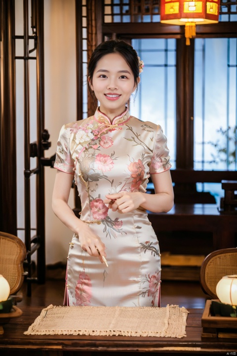  chinese clothes, black hair, table, smile, dress, looking at viewer, 1girl, blurry, grin, black eyes, short sleeves, indoors, pink dress, female focus, china dress, blurry foreground, short hair, cheongsam, realistic, south beauty