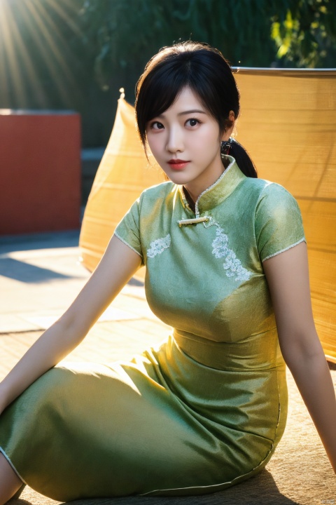 (global illumination, reality,ray tracing, HDR, unreal rendering, reasonable design, high detail, masterpiece,best quality, ultra high definition, movie lighting),
1girl,outdoor,looking_at_viewer,side_blunt_bangs,big breasts,pose,solo,1girl,black hair,black eyes, lifu, qipao