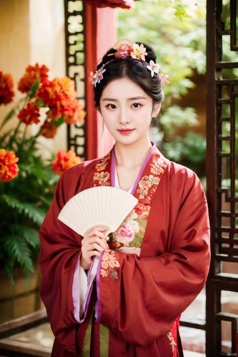 1girl, flower, solo, black hair, chinese clothes, hair ornament, hair flower, smile, indoors, vase, upper body, red lips, holding, hand fan, long sleeves, blurry, own hands together,hanfu