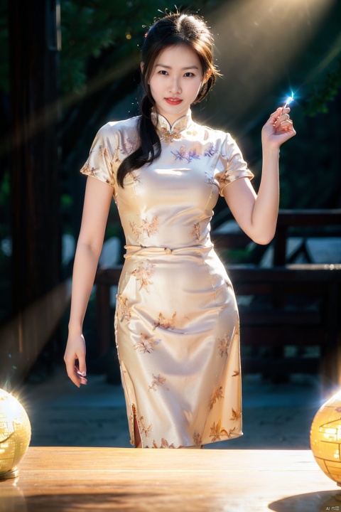 beauty, (global illumination, reality,ray tracing, HDR, unreal rendering, reasonable design, high detail, masterpiece,best quality, ultra high definition, movie lighting),
1girl,outdoor,looking_at_viewer,side_blunt_bangs,china_dress,chinese_style,big breasts,pose,solo,1girl,black hair,black eyes, 