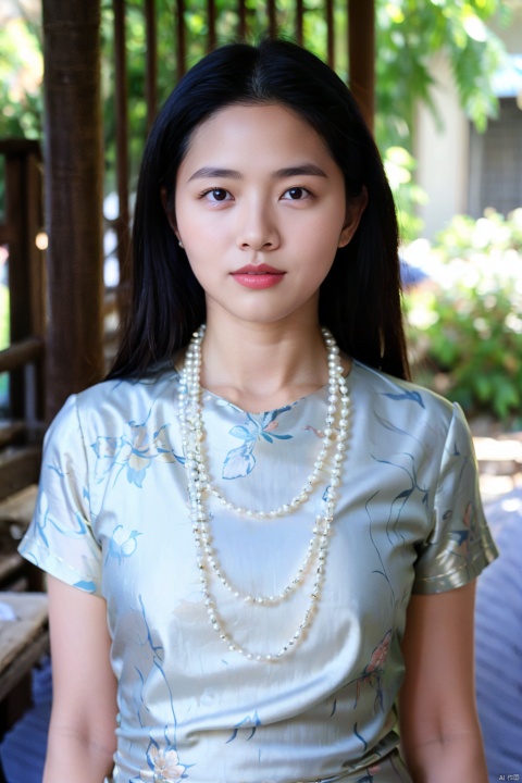 1girl, solo, black hair, chinese clothes, jewelry, necklace, dress, realistic, looking at viewer, black eyes, blurry, long hair, short sleeves, china dress, pearl necklace, upper body, blurry background, lips, beads, lattice, floral print, south beauty, dimple