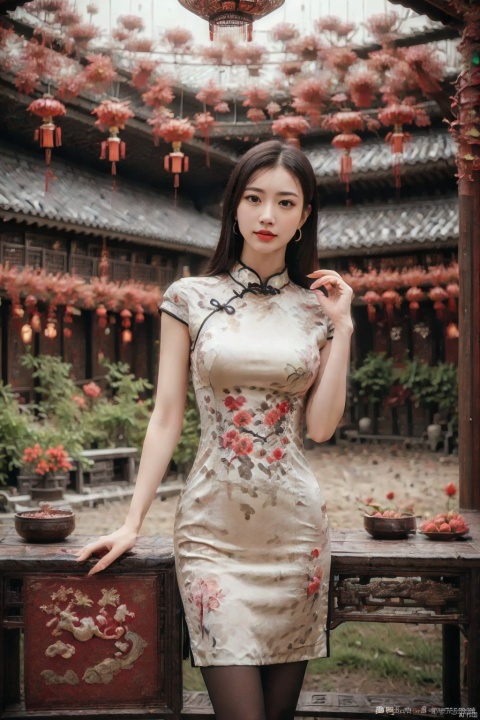 (global illumination, reality,ray tracing, HDR, unreal rendering, reasonable design, high detail, masterpiece,best quality, ultra high definition, movie lighting),
1girl,outdoor,looking_at_viewer,side_blunt_bangs,china_dress,chinese_style,big breasts,pose,solo,1girl,black hair,black eyes,cheongsam.spring festival, pantyhose, umbrella