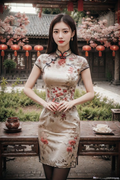 (global illumination, reality,ray tracing, HDR, unreal rendering, reasonable design, high detail, masterpiece,best quality, ultra high definition, movie lighting),
1girl,outdoor,looking_at_viewer,side_blunt_bangs,china_dress,chinese_style,big breasts,pose,solo,1girl,black hair,black eyes,cheongsam.spring festival, pantyhose, Chinese Dragon beside