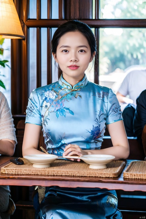 chinese clothes, black hair, table, smile, holding, dress, looking at viewer, 1girl, blurry, cup, grin, solo focus, black eyes, short sleeves, indoors, blue dress, female focus, china dress, blurry foreground, short hair, cheongsam, realistic, sitting, chair, south beauty