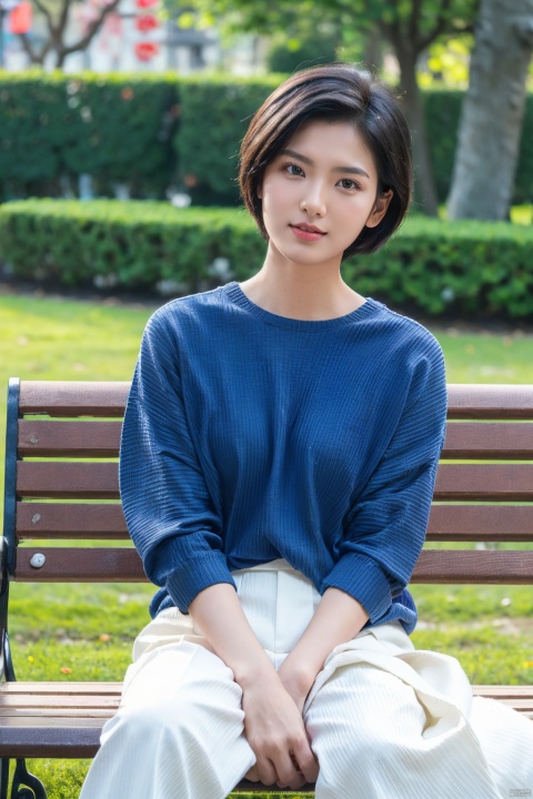 1girl, solo, phone, bench, sitting, black hair, cellphone, short hair, holding phone, outdoors, shirt, realistic, holding, looking at viewer, striped, blurry background, smartphone, blue shirt, pants, blurry, park, white pants, tree, brown eyes, photo background, day, long sleeves, striped shirt, skirt, hunxue