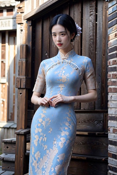 (global illumination, reality,ray tracing, HDR, unreal rendering, reasonable design, high detail, masterpiece,best quality, ultra high definition, movie lighting),
1girl,outdoor,looking_at_viewer,side_blunt_bangs,china_dress,chinese_style,big breasts,pose,solo,1girl,black hair,black eyes,  qipao