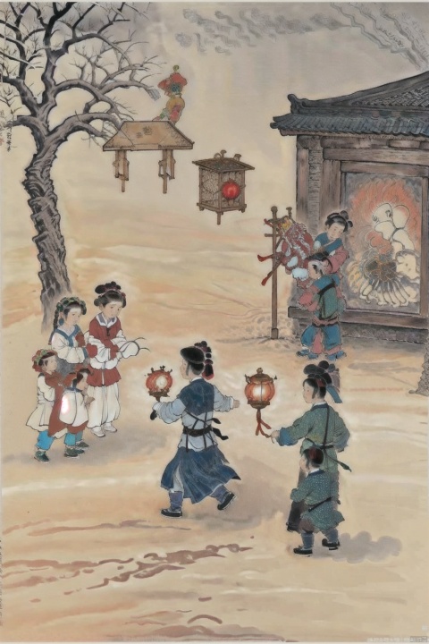 1 painting, spring festival, lantern, many children are playing, 