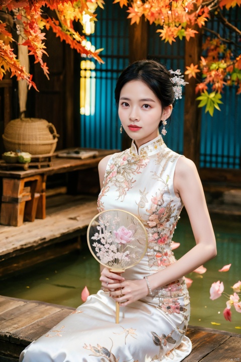 1girl, solo, jewelry, earrings, black hair, chinese clothes, hand fan, dress, sitting, holding fan, china dress, bracelet, looking at viewer, realistic, seiza, black eyes, white dress, holding, blurry, hair ornament, hair bun, sleeveless, lips, autumn leaves, south beauty, dimple