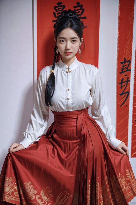 (global illumination, reality,ray tracing, HDR, unreal rendering, reasonable design, high detail, masterpiece,best quality, ultra high definition, movie lighting),
1girl,outdoor,looking_at_viewer,side_blunt_bangs,china_dress,chinese_style,big breasts,pose,solo,1girl,black hair,black eyes,hanfu,red skirt,sitting