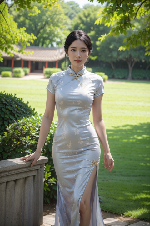 (global illumination, reality,ray tracing, HDR, unreal rendering, reasonable design, high detail, masterpiece,best quality, ultra high definition, movie lighting),
1girl,outdoor,looking_at_viewer,side_blunt_bangs,china_dress,chinese_style,big breasts,pose,solo,1girl,black hair,black eyes, 
cheongsam